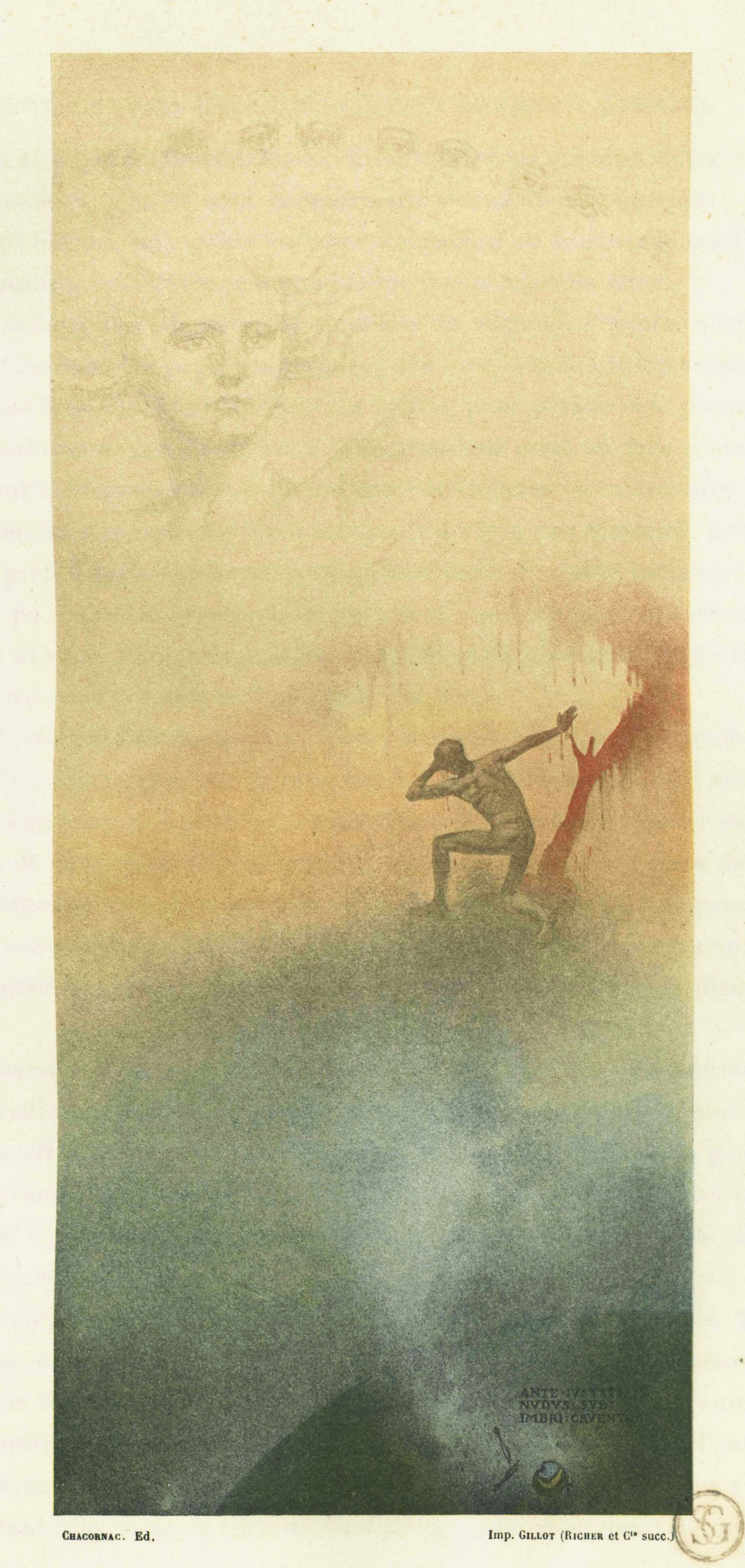 A vintage lithograph of a solitary figure seated at the base of a stark tree, with a pale sky and textured ground.