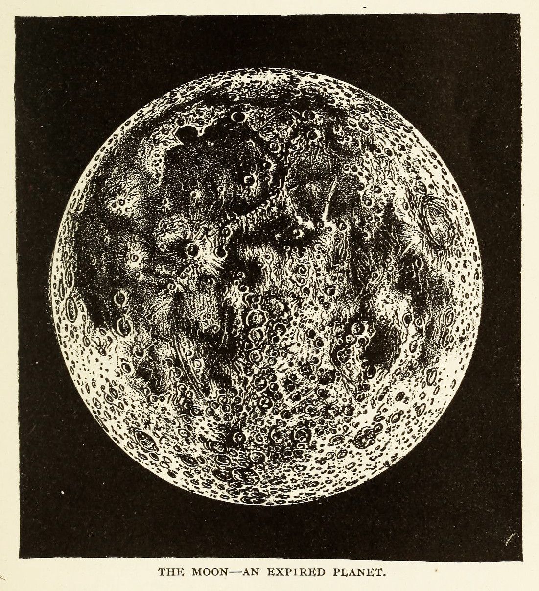 Black and white illustration of the moon, labeled 'The Moon—An Expired Planet,' showing a heavily cratered and textured surface.