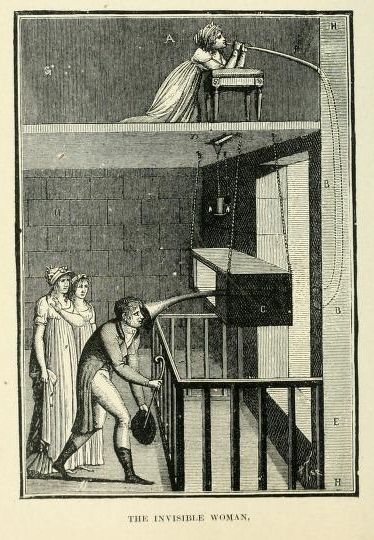 Vintage illustration of 'The Invisible Woman', a complex structure with a woman at the top, a man at the base, and two observers.