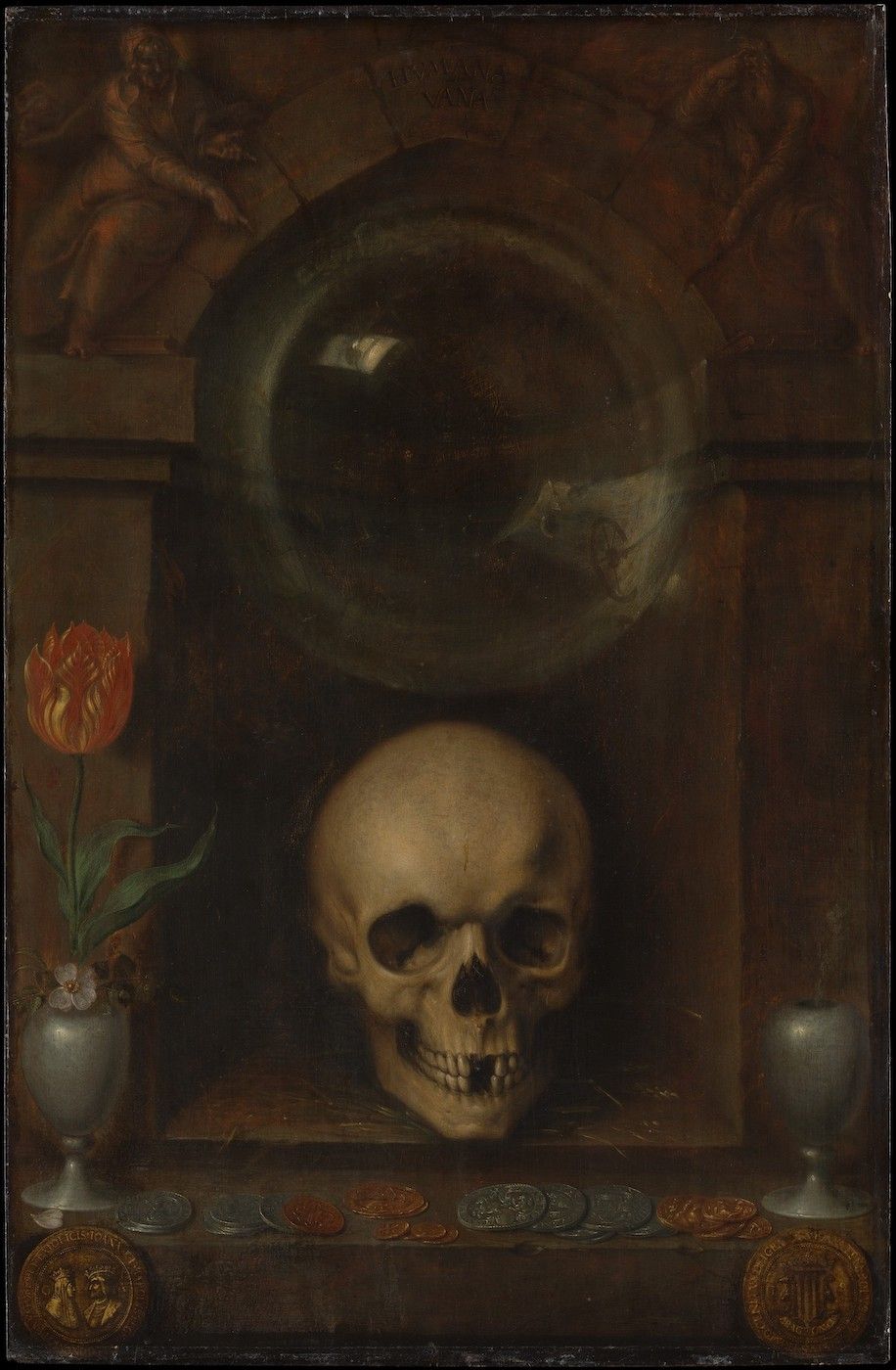 A vanitas still life painting featuring a skull, tulip, bowl, and coins.
