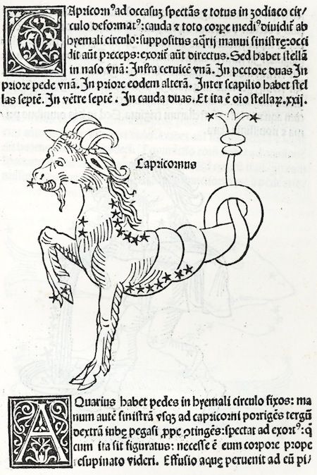 Vintage woodcut illustration of Capricornus, a goat with a fish tail, surrounded by Latin text and floral ornaments.