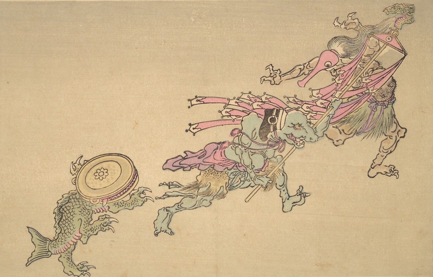 Vintage illustration of a fantastical creature with a fish and a floral disc.