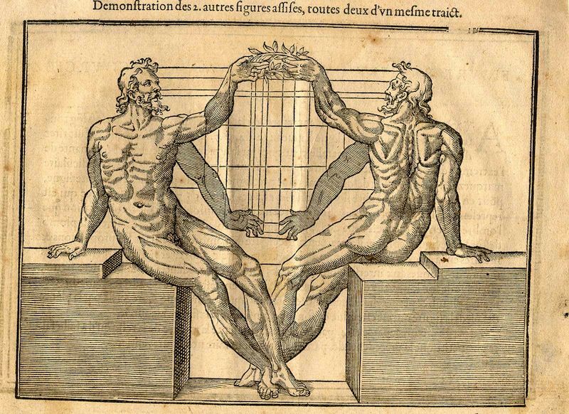 A black and white engraving of two nude male figures seated on tables, their legs intertwined and arms raised to hold a wreath.