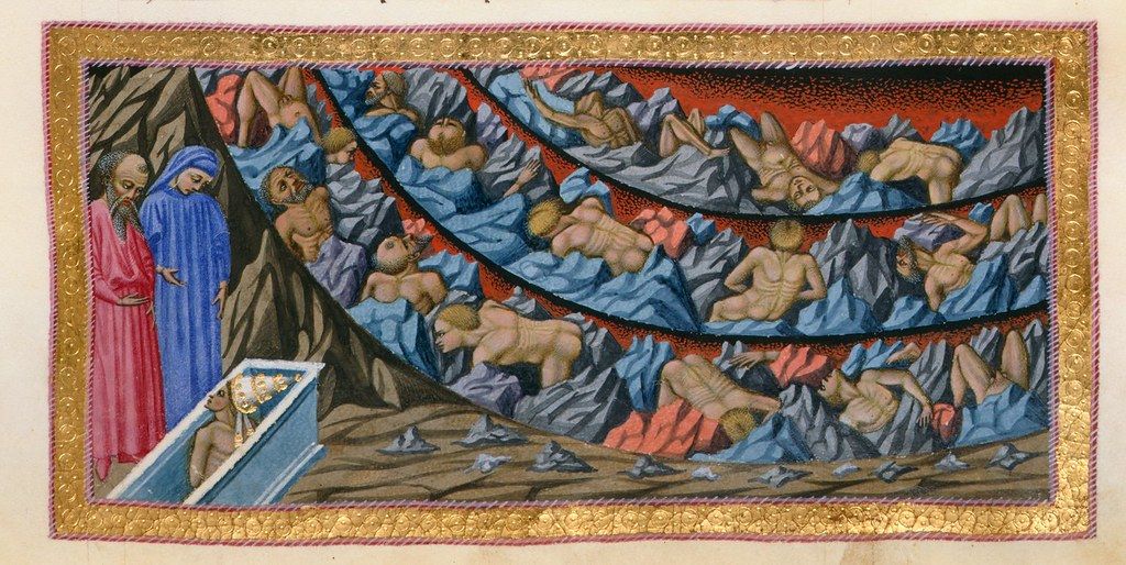 A medieval manuscript illustration depicting a rocky landscape filled with nude figures in torment, observed by two figures in robes.