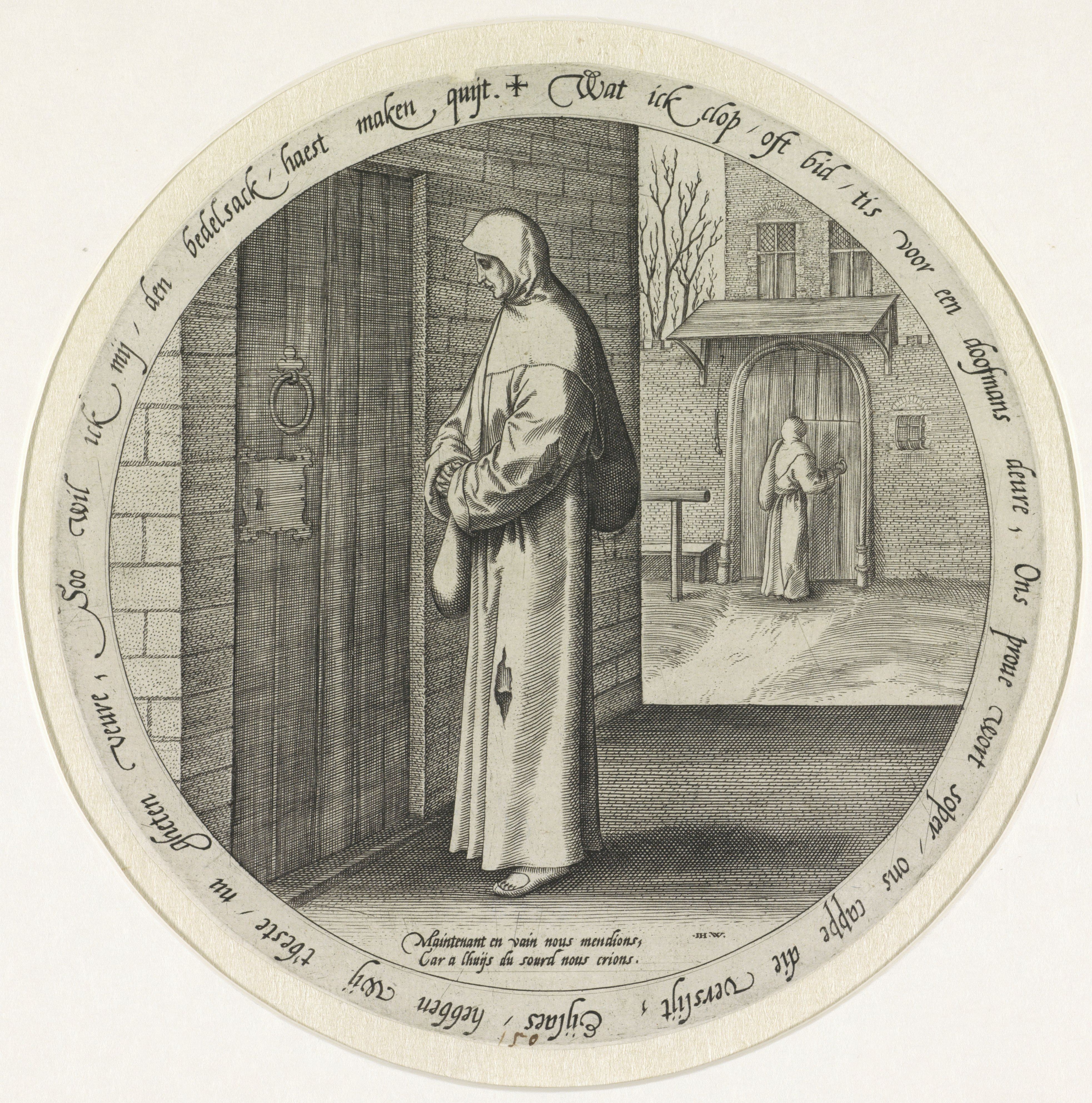 A circular engraving depicting a monk standing before a doorway, with another figure kneeling in prayer. Text is inscribed around the perimeter.