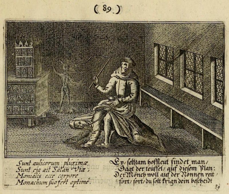 A black and white engraving depicting a monk and a nun in a compromising position within a room.