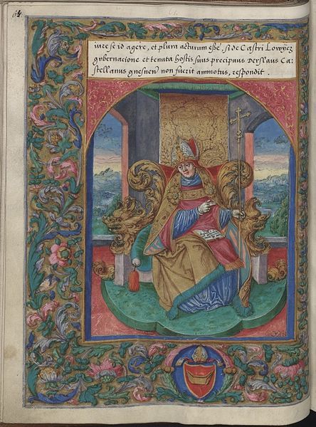 Illuminated manuscript page with a man seated on a throne.