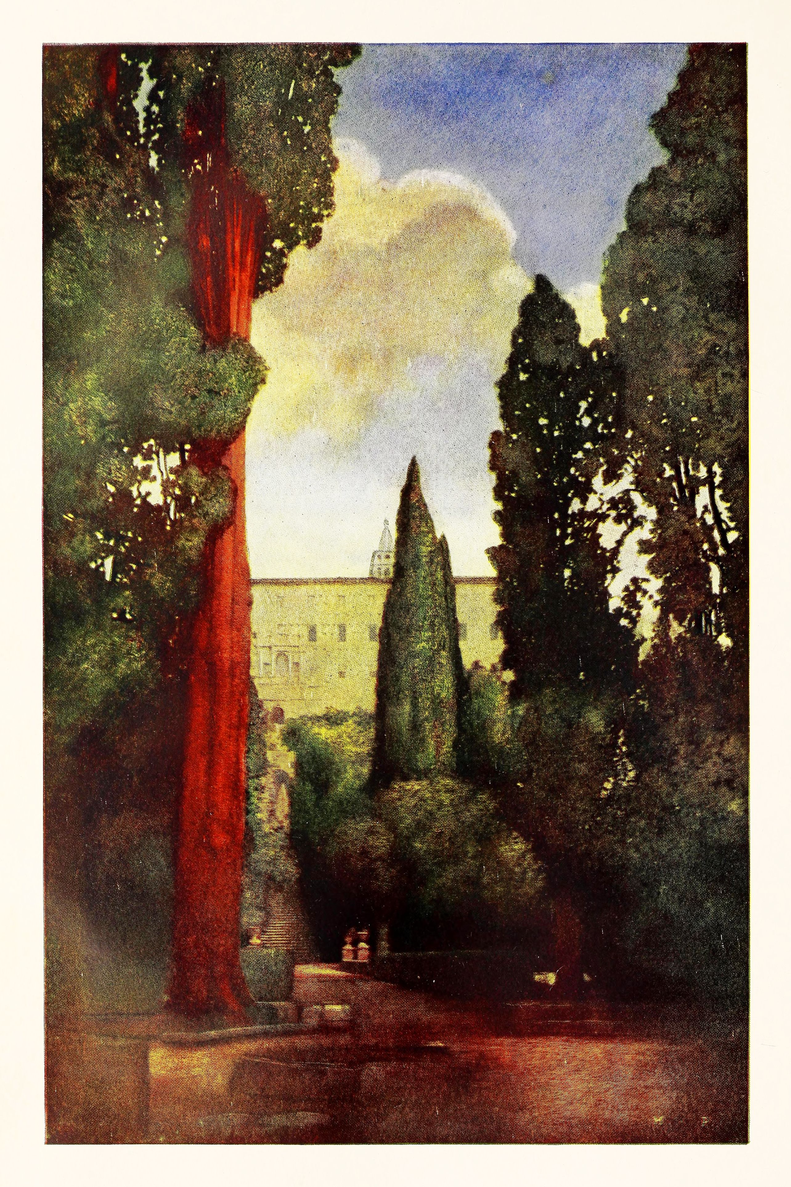Vintage photograph of a view through trees towards a distant building with a tower.