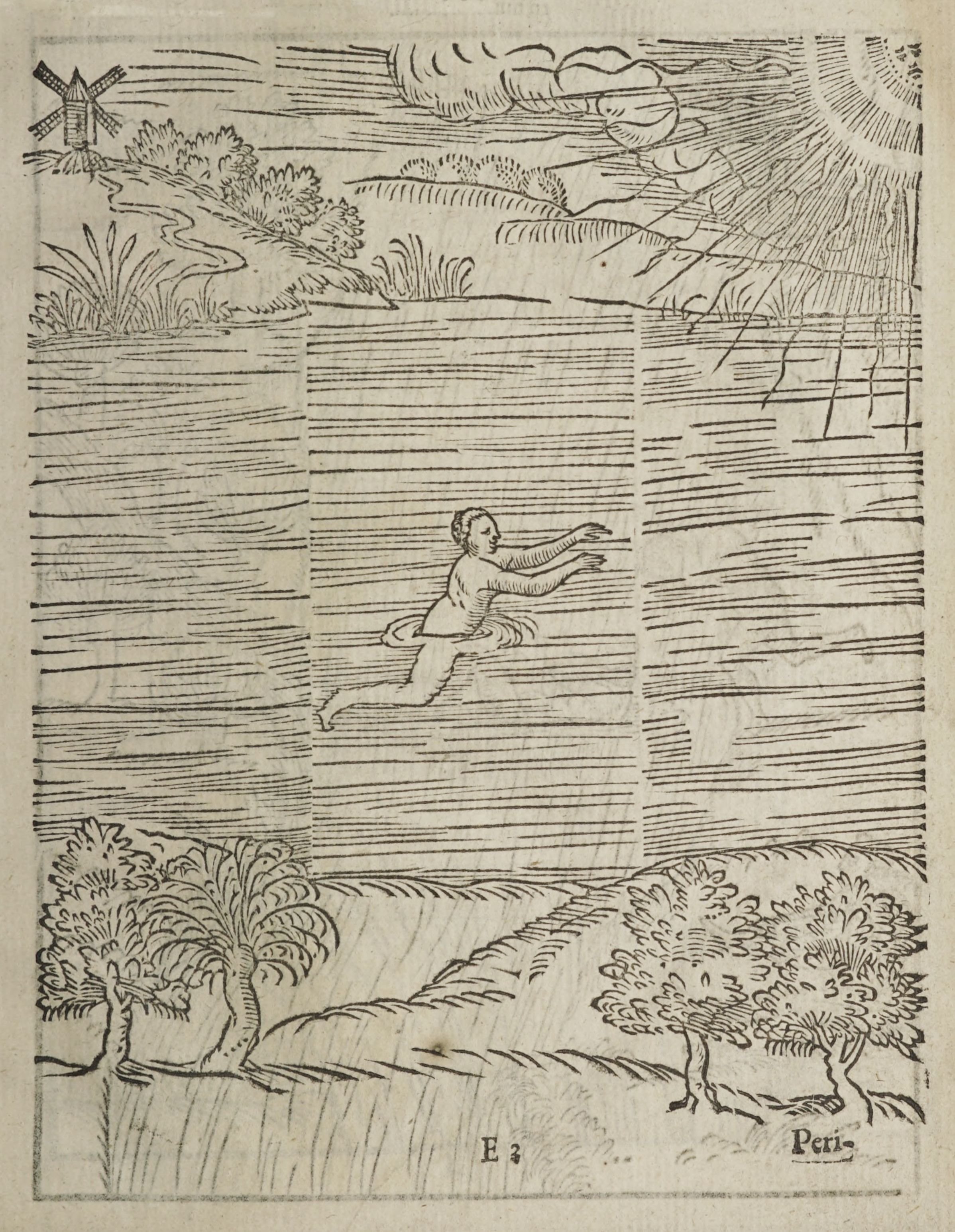 Vintage woodcut illustration of a person swimming in water with a windmill and trees in the background.