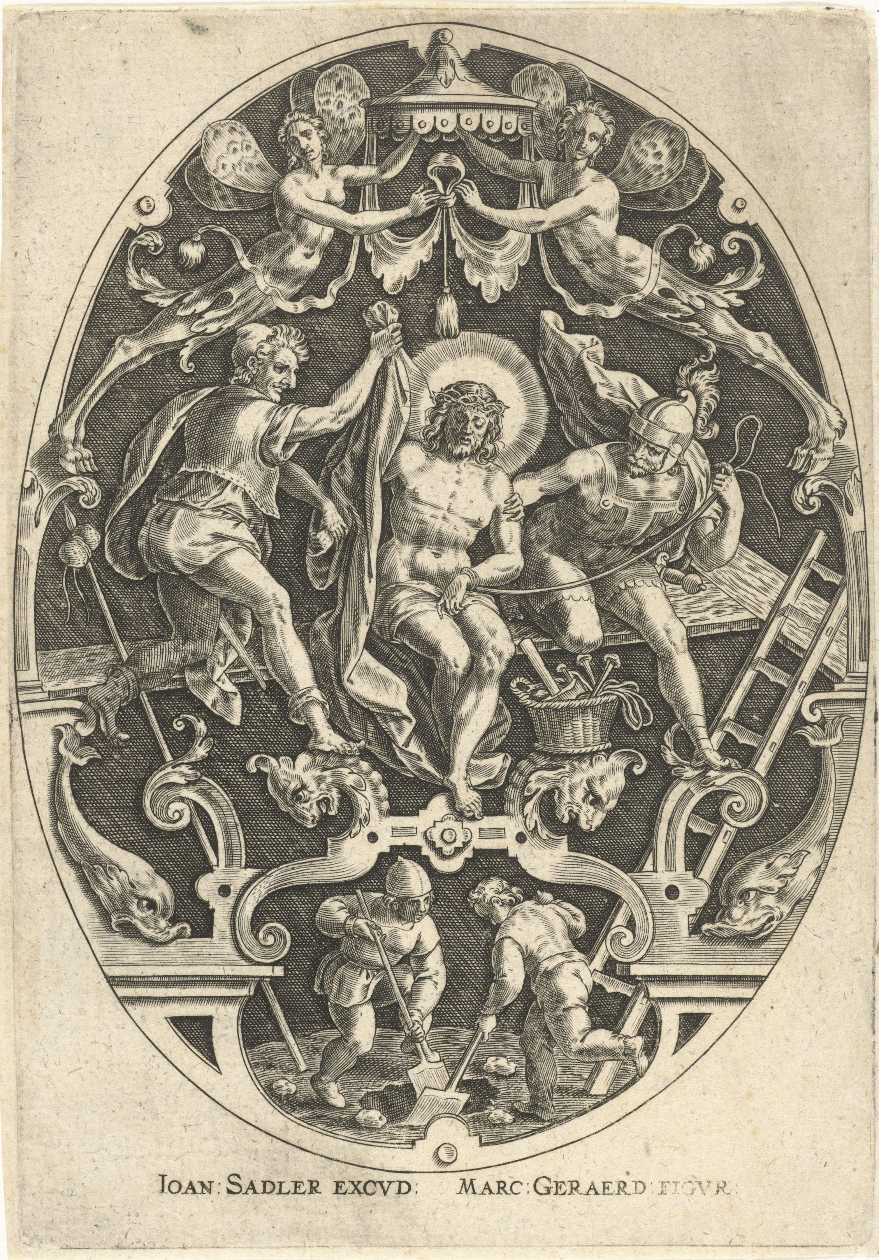 Engraving of the crucifixion of Jesus Christ within an ornate oval frame.