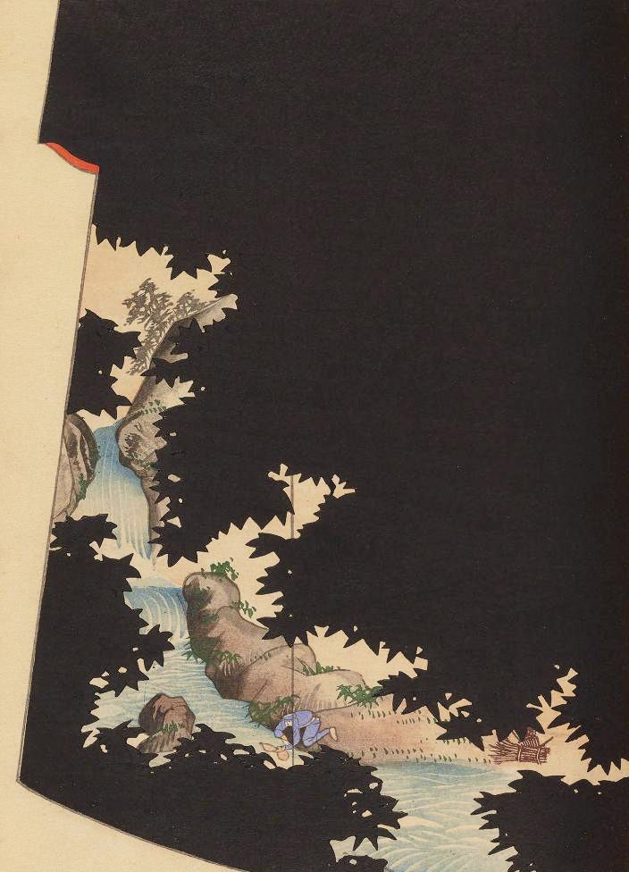 A section of a black kimono with a detailed, colorful landscape design along the lower right corner. The design features a waterfall cascading down a rocky cliff face, surrounded by lush green trees and foliage. A small body of water flows at the base of the waterfall, and tiny figures of people can be seen near the water's edge.