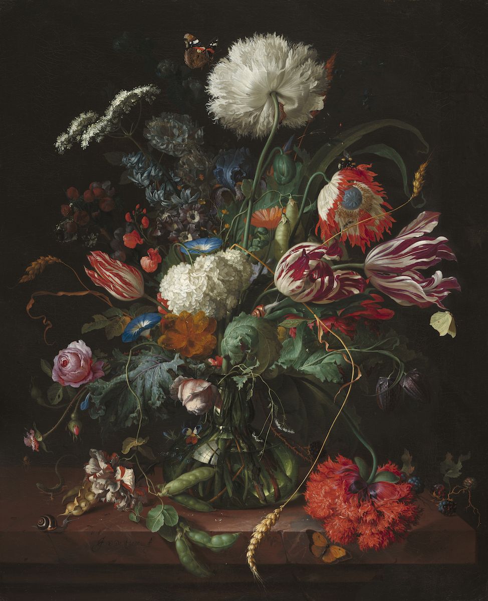 A painting of a lush and overflowing flower arrangement in a dark, dramatic style.