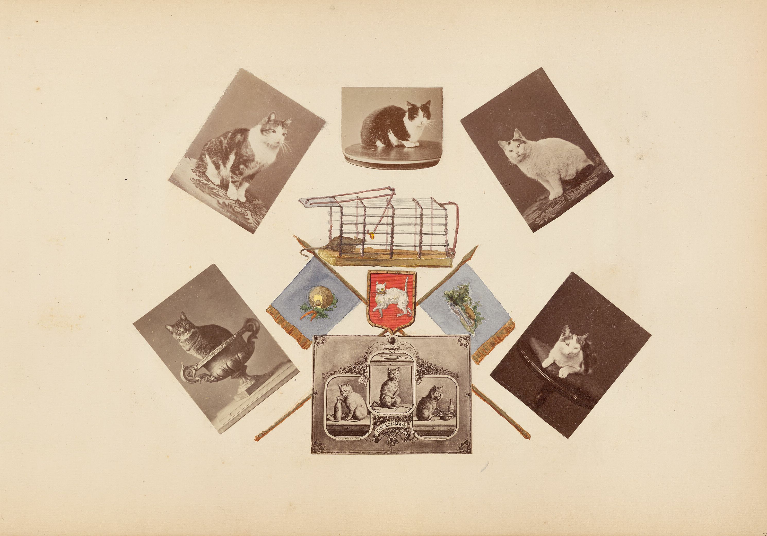Vintage photograph of a cat-themed arrangement with six cat portraits, a coat of arms, a cage, and flags.