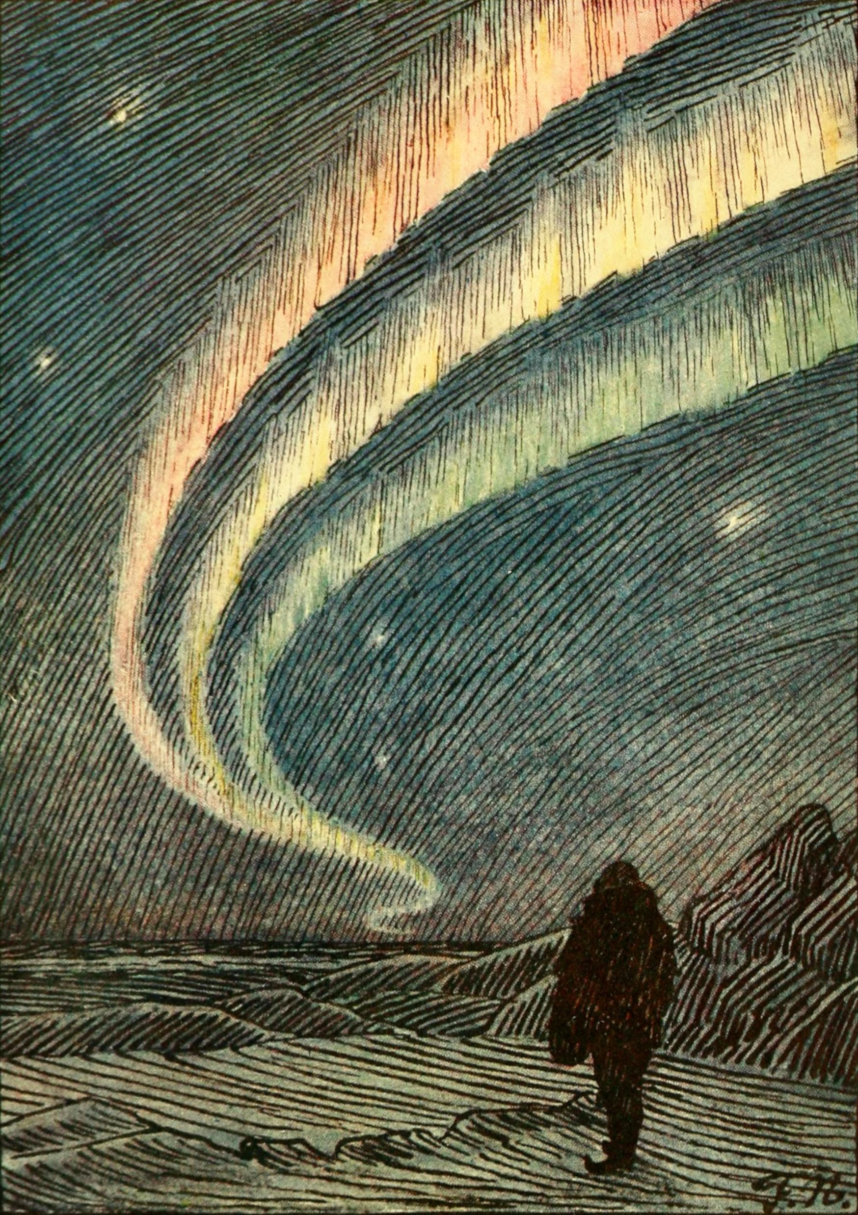 A vintage illustration of a lone figure walking in a snowy landscape under a dramatic aurora borealis.
