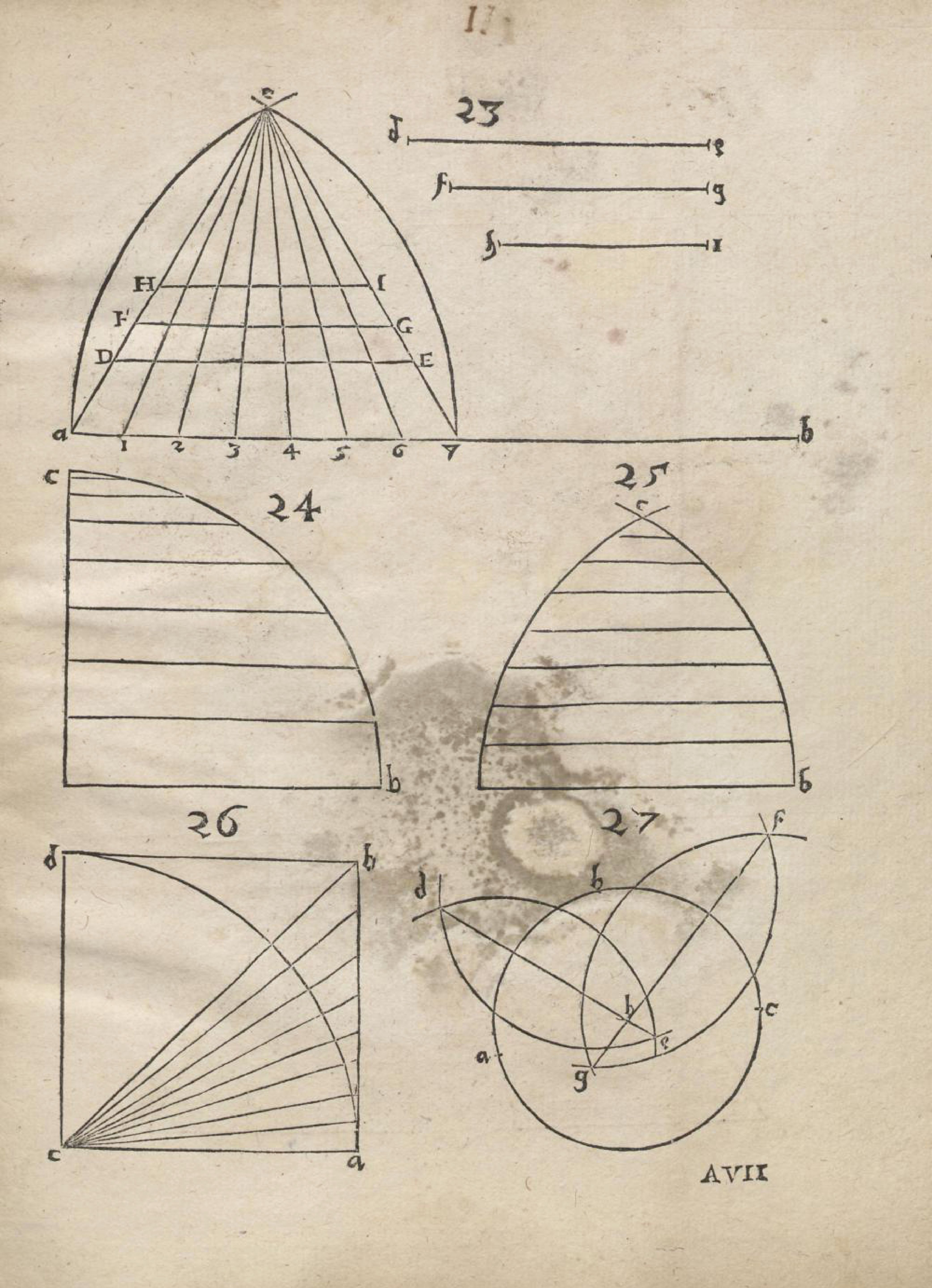 A page from an old book with four geometric diagrams labeled with numbers 23, 24, 25, and 26.