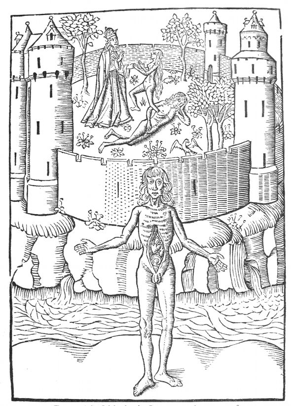 A black and white woodcut illustration of a nude man with exposed anatomy standing in water, with a castle and figures in the background.
