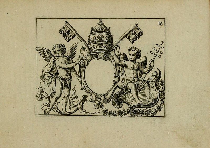An ornate illustration featuring a papal tiara flanked by cherubic angels holding keys, framed by elaborate scrollwork and floral ornamentation.