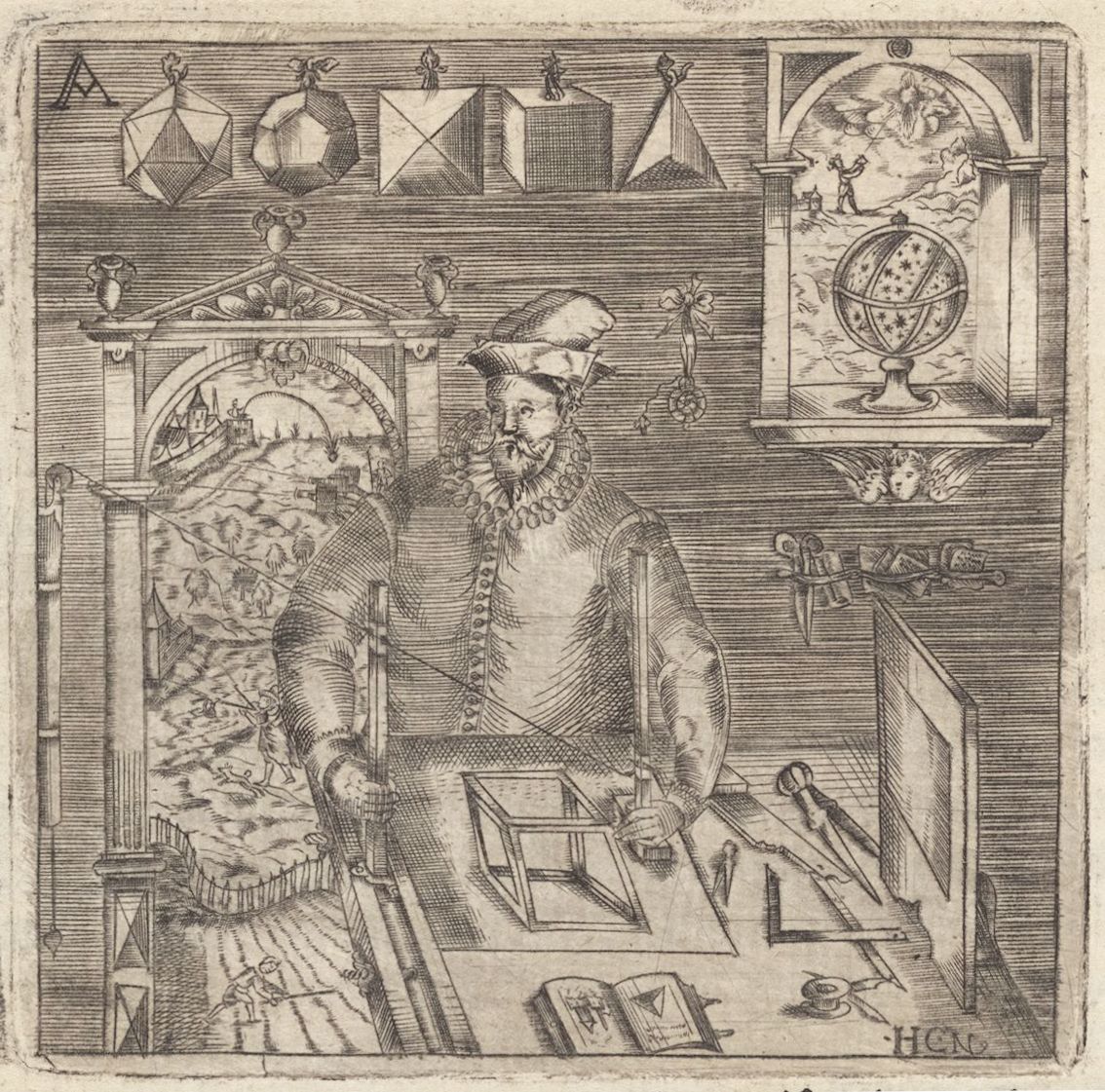 A black and white engraving of a scholar at his desk, surrounded by books, astronomical instruments, and geometric solids.