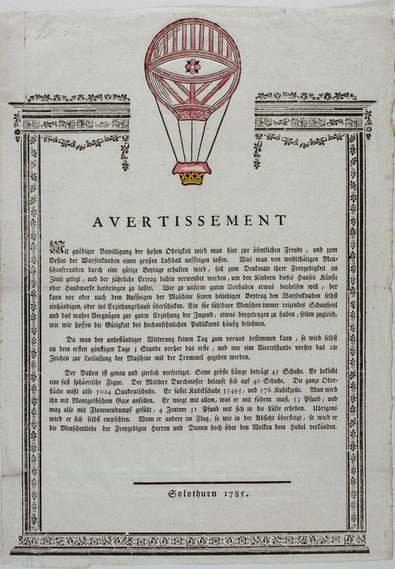 A vintage document with ornate borders and text in an old German script. The document is titled "ADVERTISSEMENT" and dated "Solothurn 1785". The text appears to be a formal announcement or regulation, possibly related to a public event or a new machine.