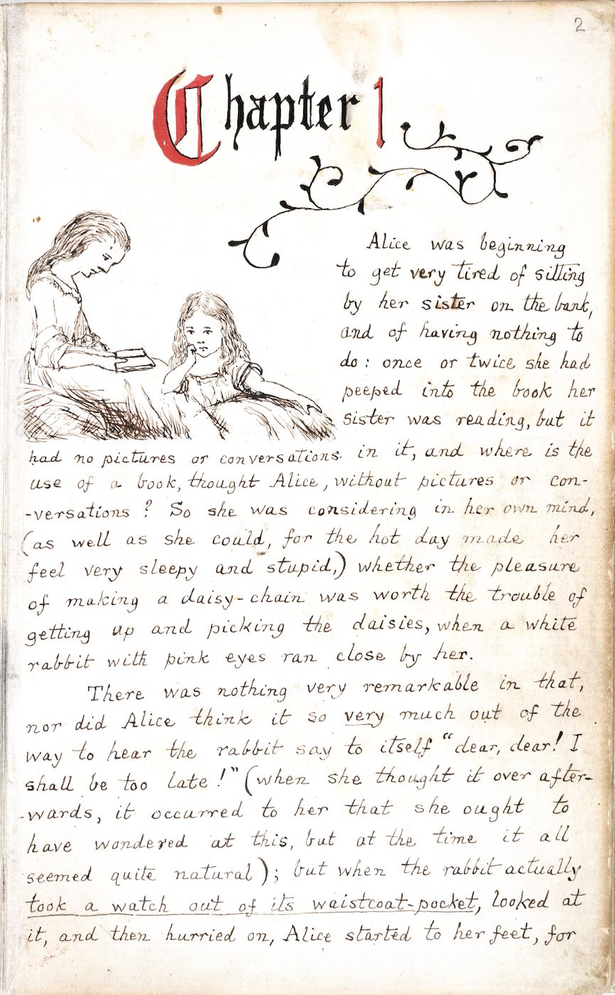 A vintage book page with a hand-drawn illustration of Alice, her sister, and a white rabbit, accompanied by handwritten text from Chapter 1 of 'Alice's Adventures in Wonderland'.