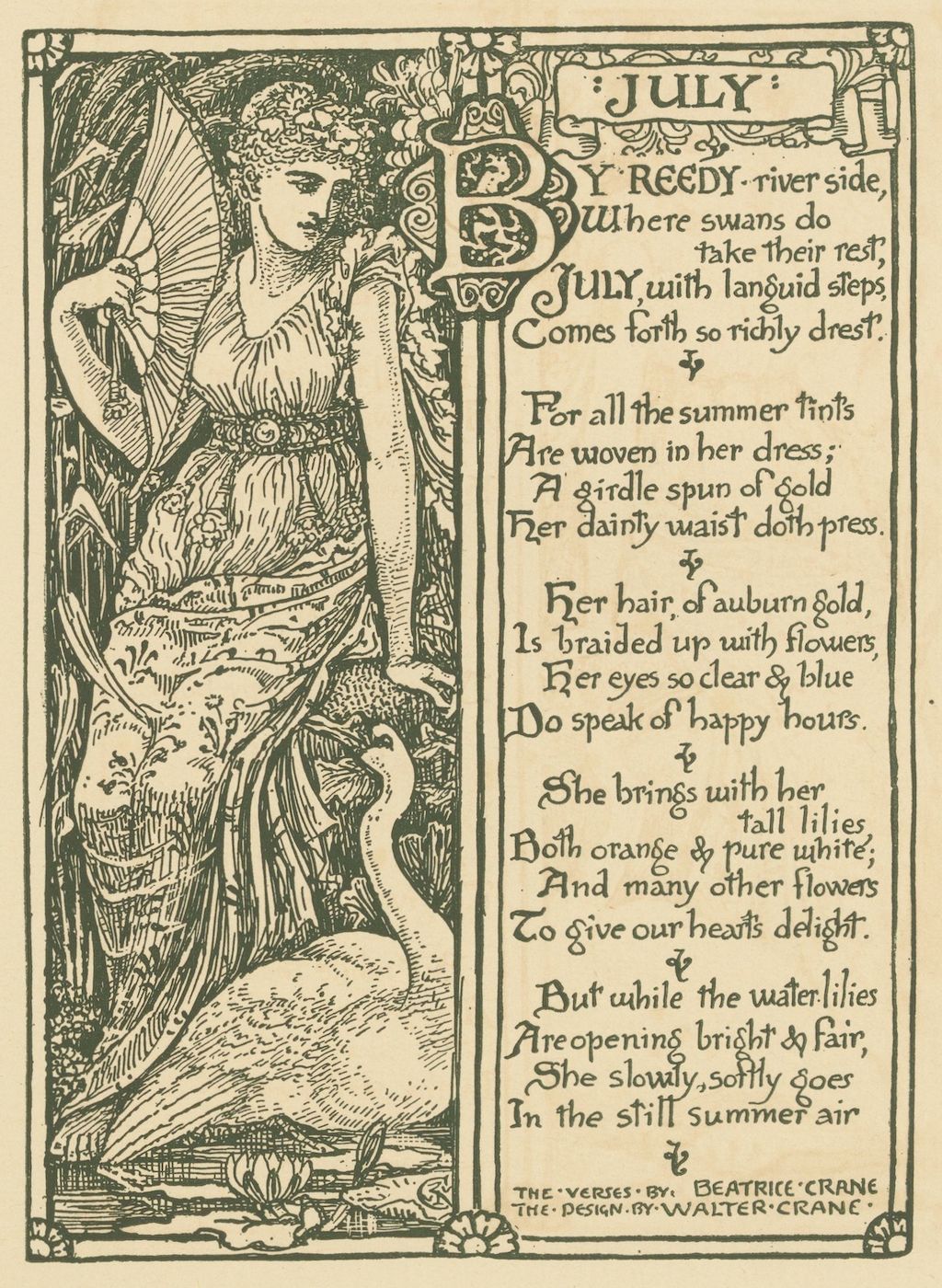 A vintage woodcut illustration of a woman in a flowing dress, surrounded by floral patterns and text titled 'July'.