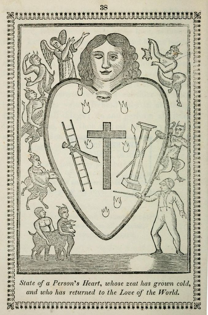 A black and white illustration of a heart-shaped shield containing a cross, ladder, hoe, and money bag, surrounded by demonic figures and kneeling humans. Text below reads: "State of a Person's Heart, whose zeal has grown cold, and who has returned to the Love of the World."