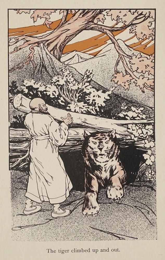 A vintage illustration of a person looking up at a tiger climbing out of a thicket of foliage.
