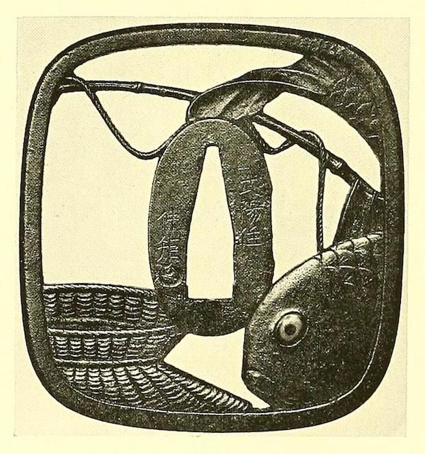 A black and white illustration of a Japanese tsuba with a crab and branch design.