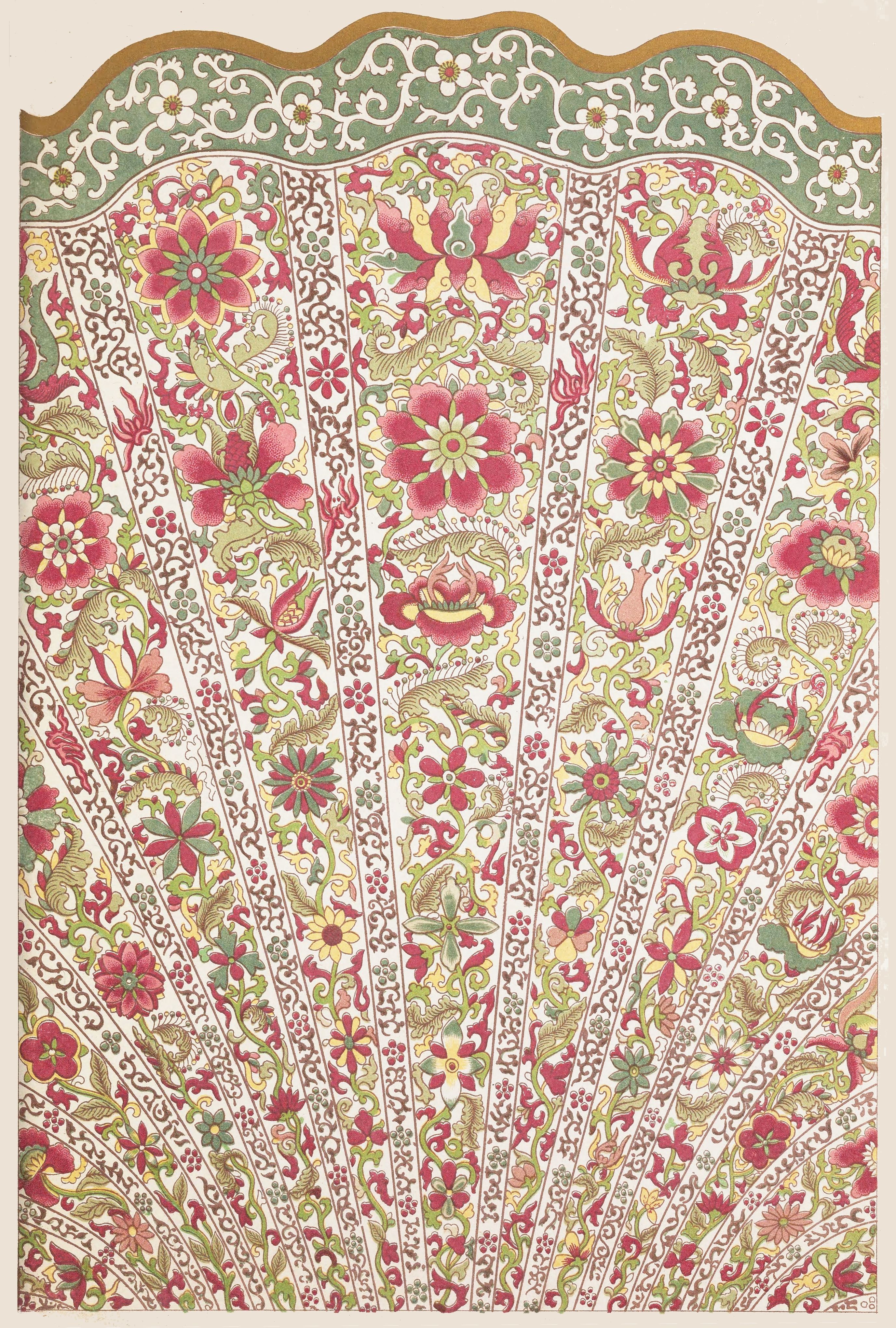 A detailed illustration of an open fan covered in a red and green floral pattern.