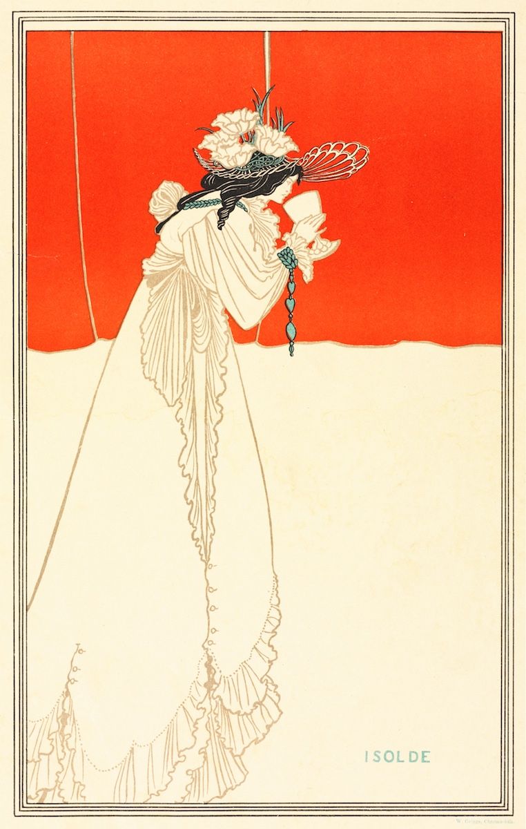 A vintage Art Nouveau illustration of a woman named Isolde in a long, flowing gown, set against a red background.