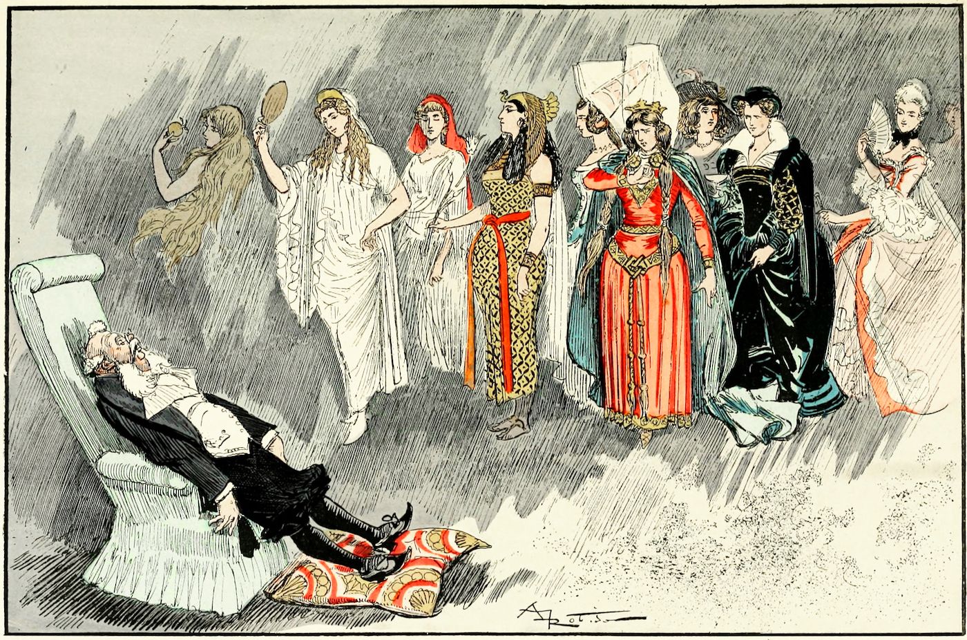 Vintage illustration of a man reclining in a chair surrounded by a group of women in elaborate dresses.