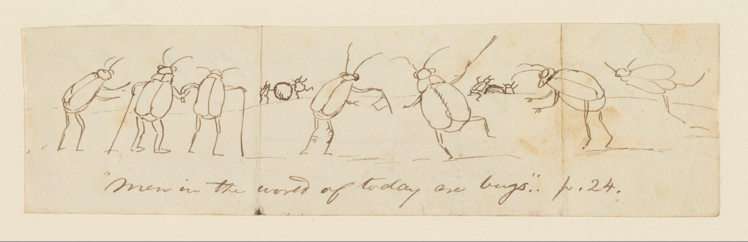 A sepia-toned sketch on a cream-colored page depicting six insect-like figures in a row, with the handwritten phrase "Men in the world of today are bugs... p.24." above them.