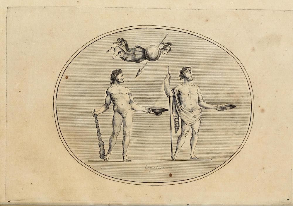 Vintage black and white engraving of two nude male figures holding bowls and a chain, with a winged putto holding a shield above them, all within an oval frame.