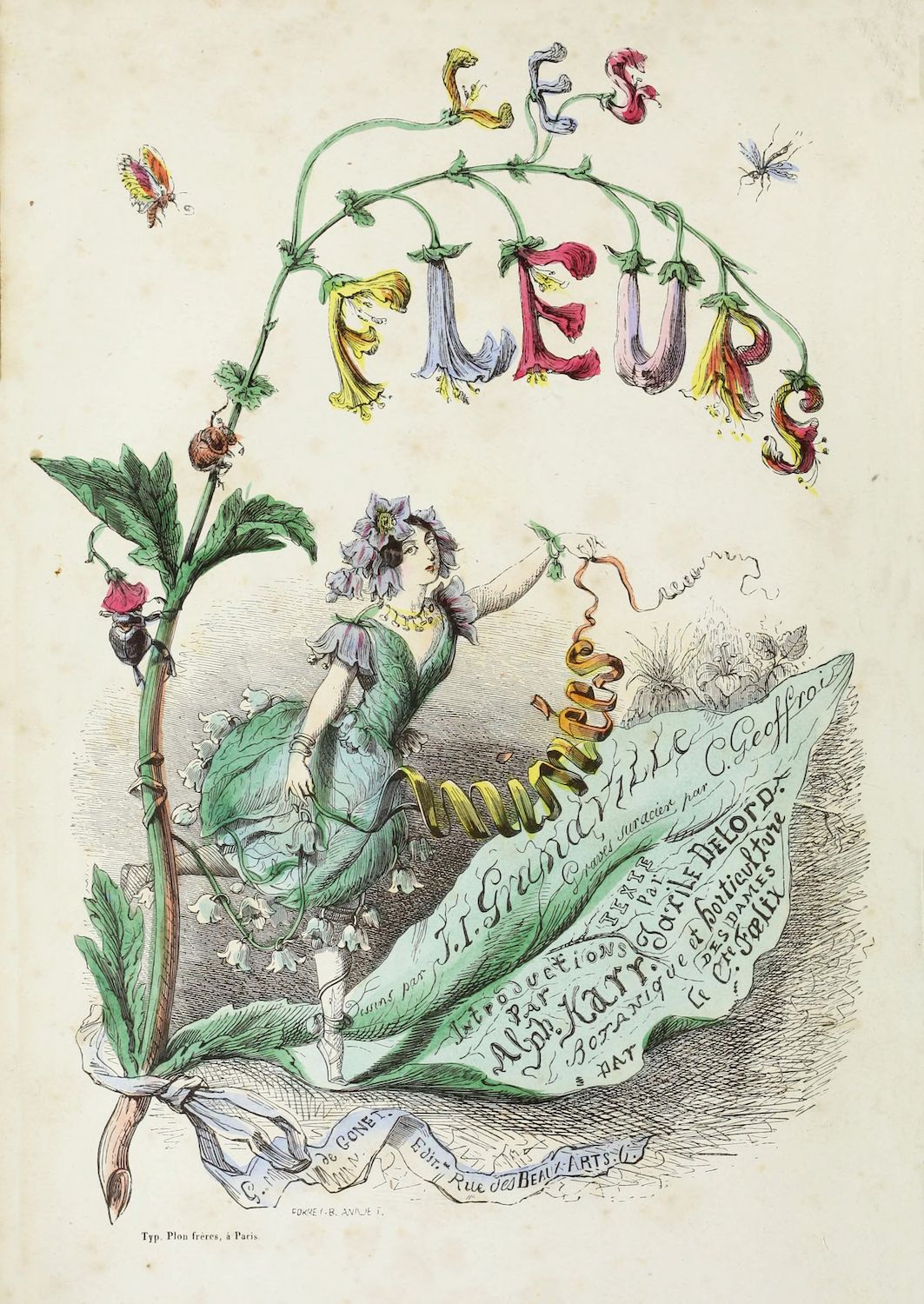 A vintage lithograph featuring a woman emerging from a large plant with bell-shaped flowers. The word "FLEURS" is written above, and there is a lot of text in French below.