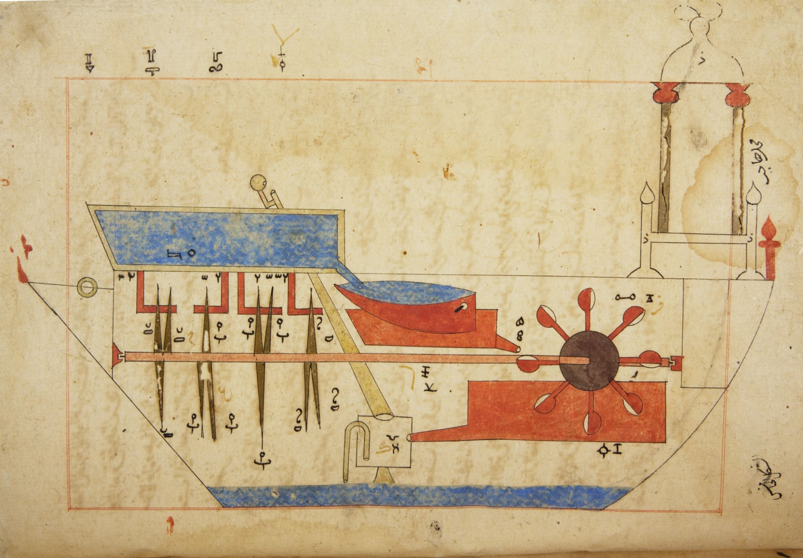 A detailed, hand-drawn diagram of a ship in cross-section, revealing its internal structure, with Arabic script and numbers labeling the features.