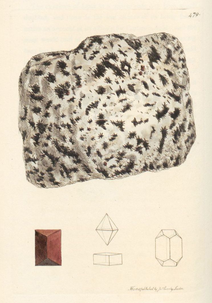 Vintage scientific illustration of a speckled garnet mineral with diagrams of its crystal structure.