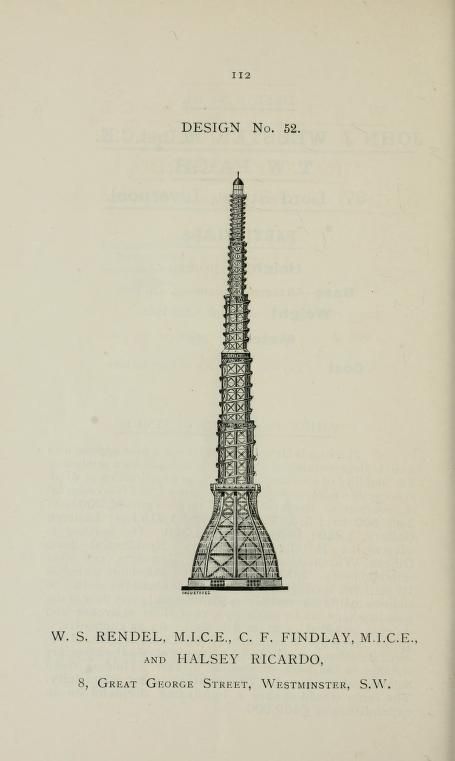 A vintage black and white illustration of a tall, lattice-work tower, labeled as "DESIGN No. 52" with the names of the designers and their address below.