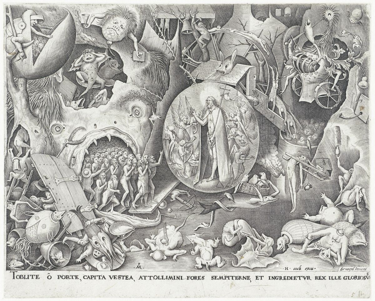 A detailed black and white engraving depicting a chaotic and fantastical scene with a massive tree trunk, figures, creatures, and a procession of knights.