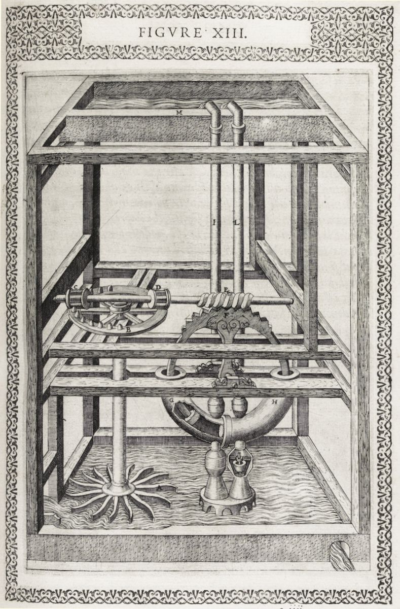 Detailed engraving of a complex mechanical device, likely a water-powered machine, housed within a rectangular framework.