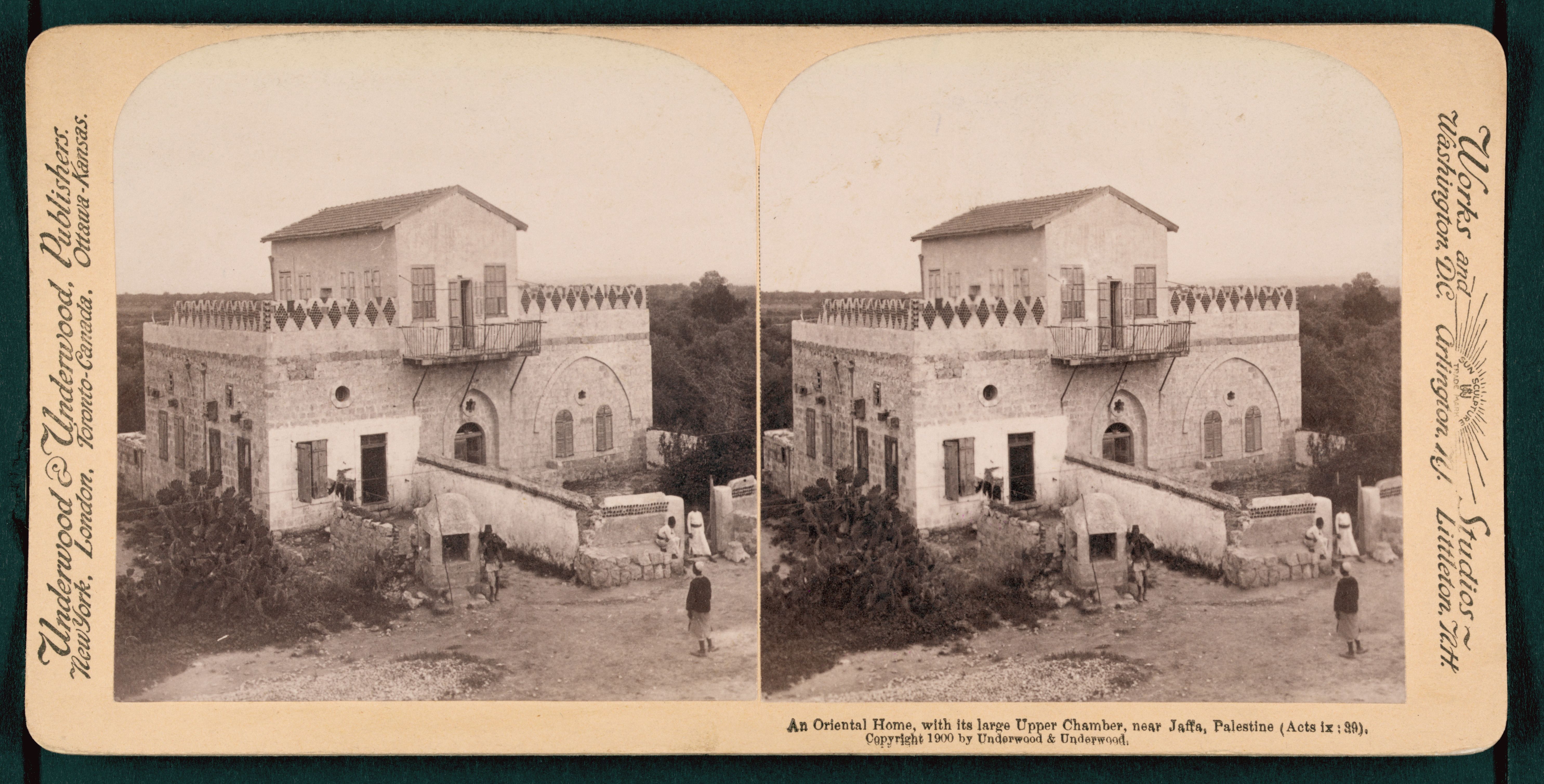 Stereoscope card of an Oriental Home in Jaffa, Palestine, 1909.