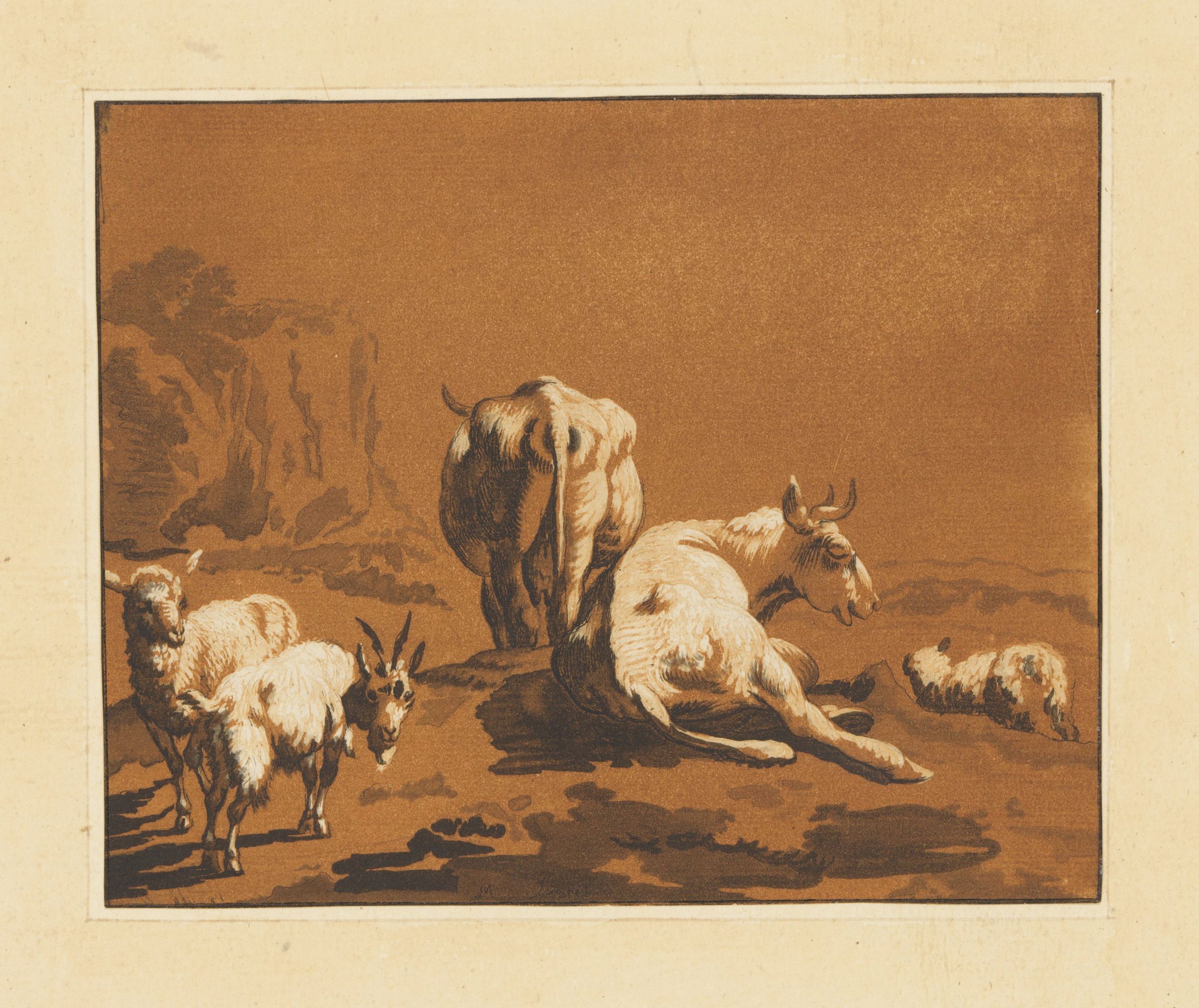Sepia-toned drawing of goats and sheep in a landscape.