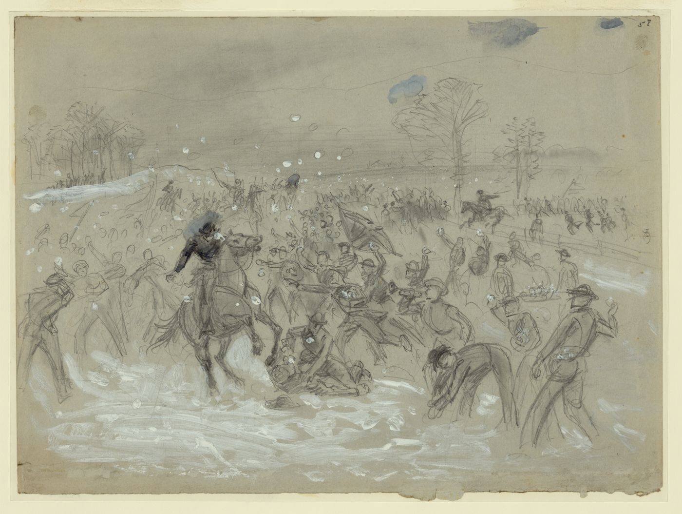 Sepia-toned sketch of a chaotic battle scene with many figures on horseback and on foot, rendered in quick, energetic lines.
