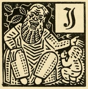 A black and white woodcut illustration of a bearded man playing a drum with a lion cub, accompanied by a large letter 'J'.