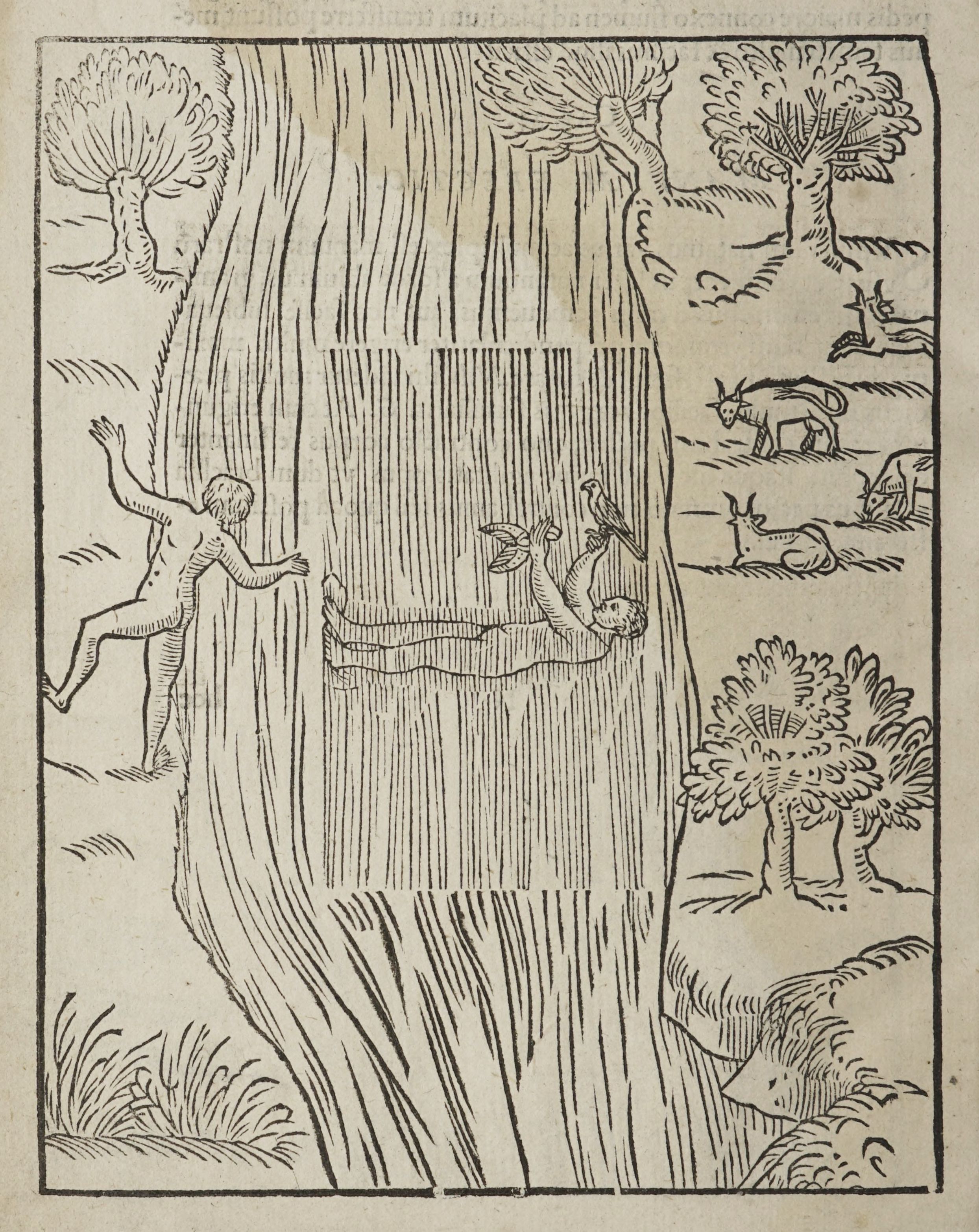 A black and white woodcut illustration depicting a nude man reaching towards a half-human, half-animal creature in water, with a stylized landscape in the background.