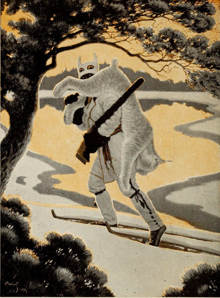 Vintage illustration of a person skiing in a winter landscape.