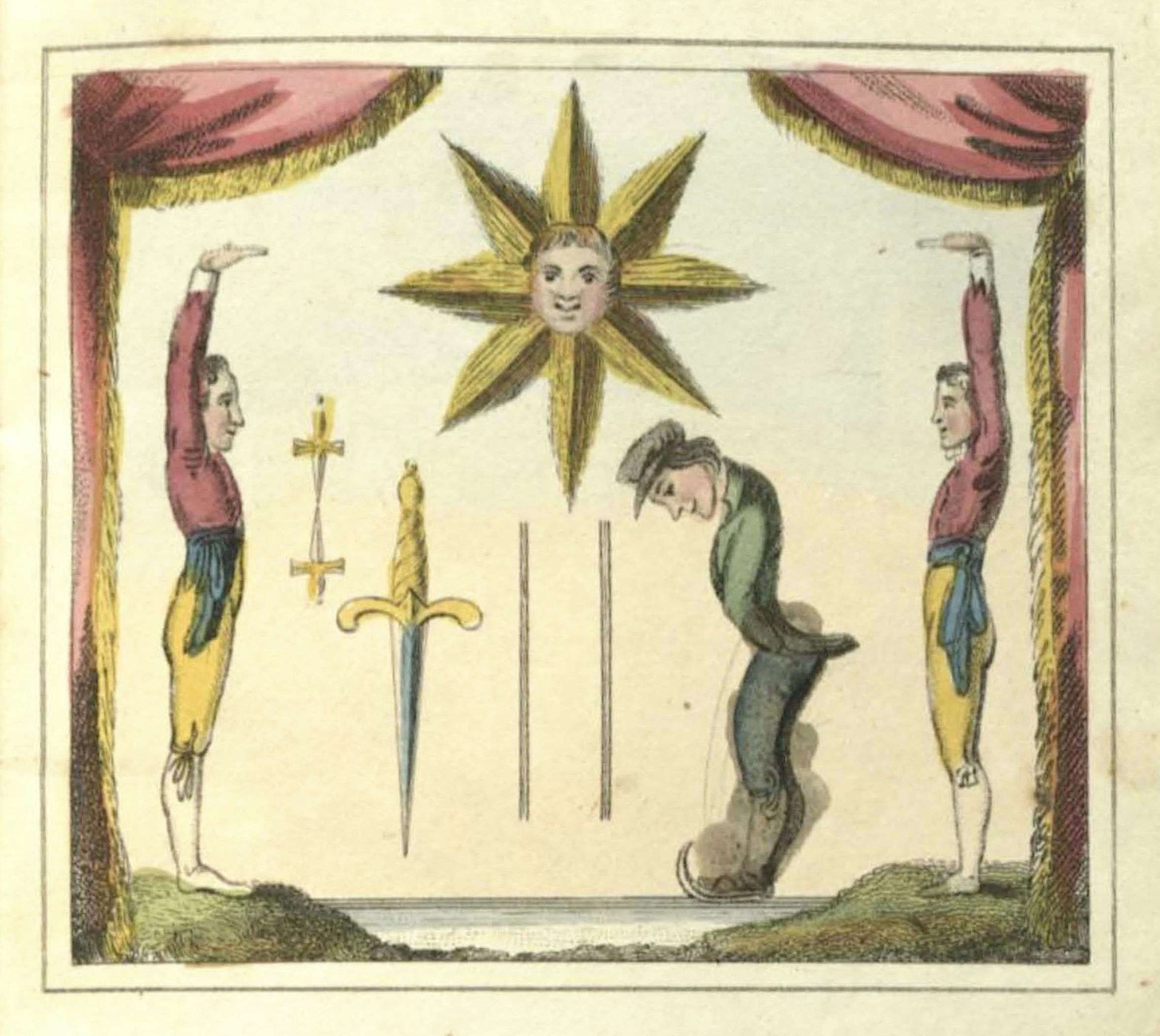 Vintage illustration of a stage magic act with a performer bent over while objects float above them.