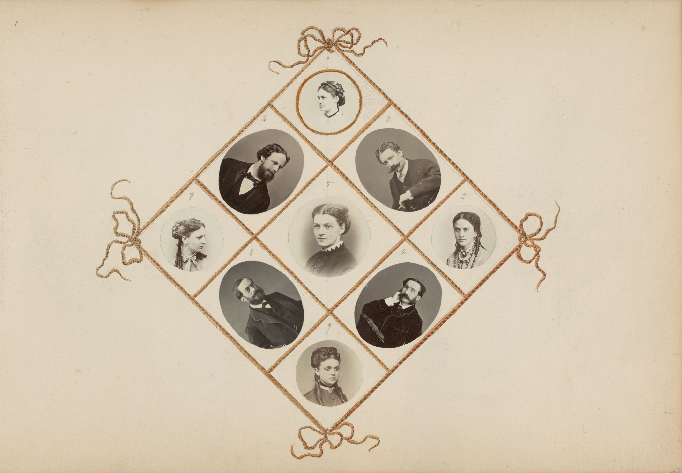 A vintage photograph featuring a diamond-shaped arrangement of nine oval portraits of men and women in formal attire.
