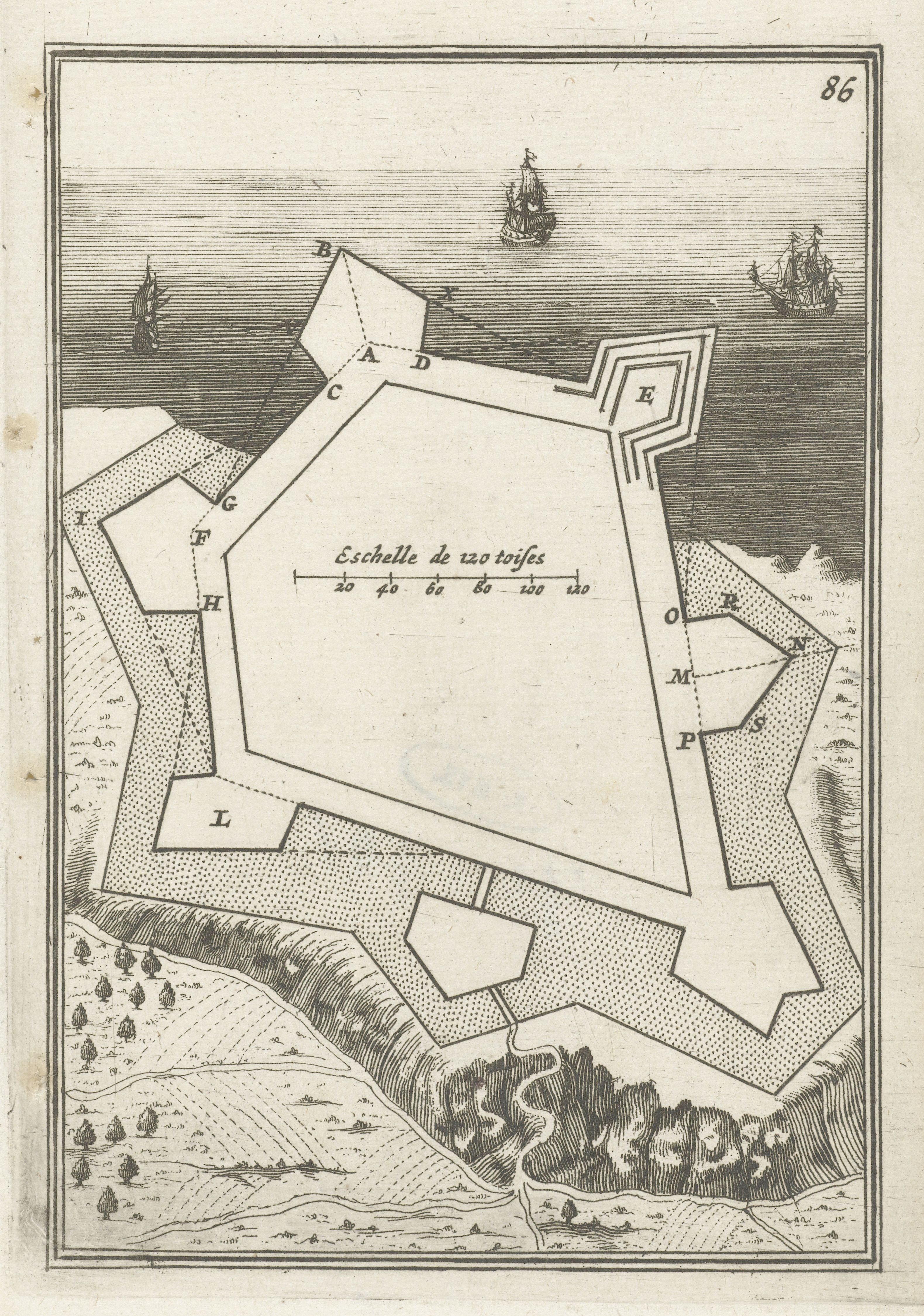 Vintage map of a star-shaped fort with ships and a scale.