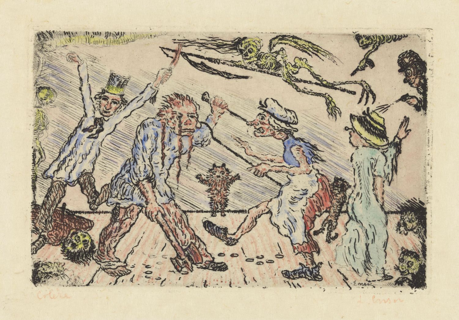 Vintage-style print depicting a chaotic scene with multiple figures dancing or struggling amidst skeletal beings and skull-like faces.
