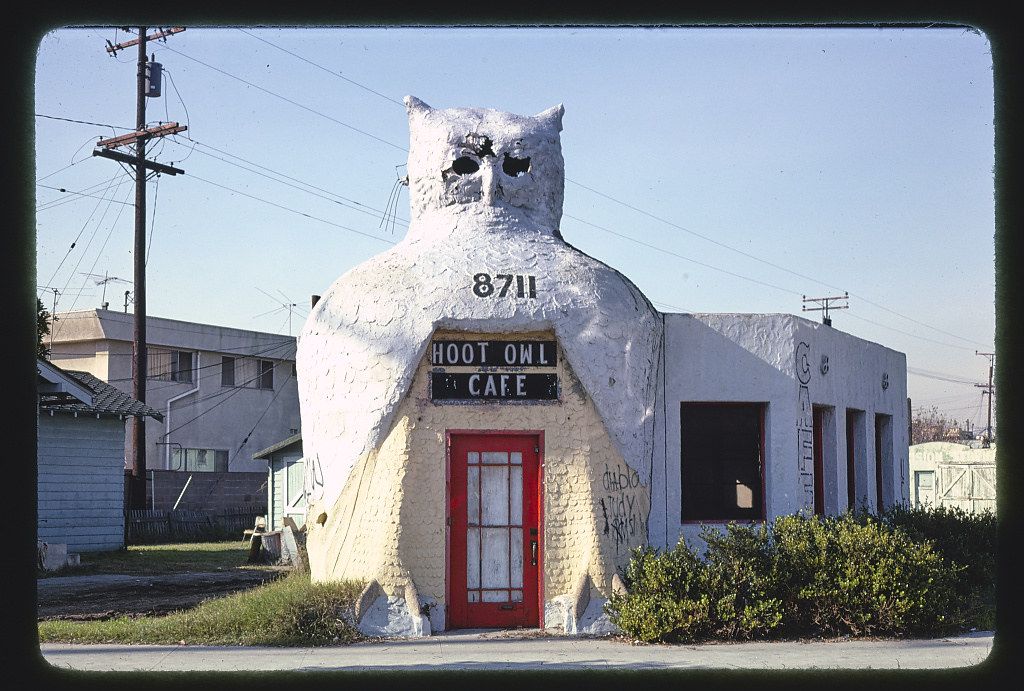 A white building shaped like an owl with the words "HOOT OWL CAFE" above a red door. The building is surrounded by overgrown bushes and grass, and a utility pole and another building are visible in the background.